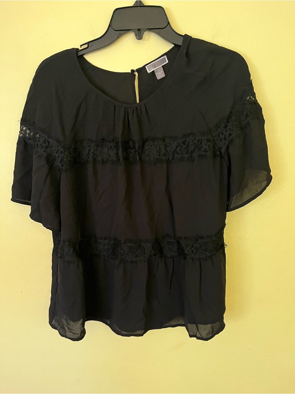 Chelsea28 Black Lace-Trim Flutter Sleeve Blouse
